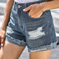 Women's Distressed Ripped Rolled Hem Blue Denim Shorts