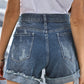 Women's Distressed Ripped Rolled Hem Blue Denim Shorts