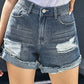 Women's Distressed Ripped Rolled Hem Blue Denim Shorts